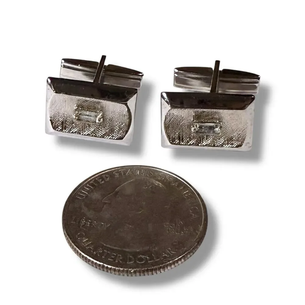 VTG Pioneer Cufflinks Mens Silver Tone Emerald Cut Glass Jewels Bullet Locking